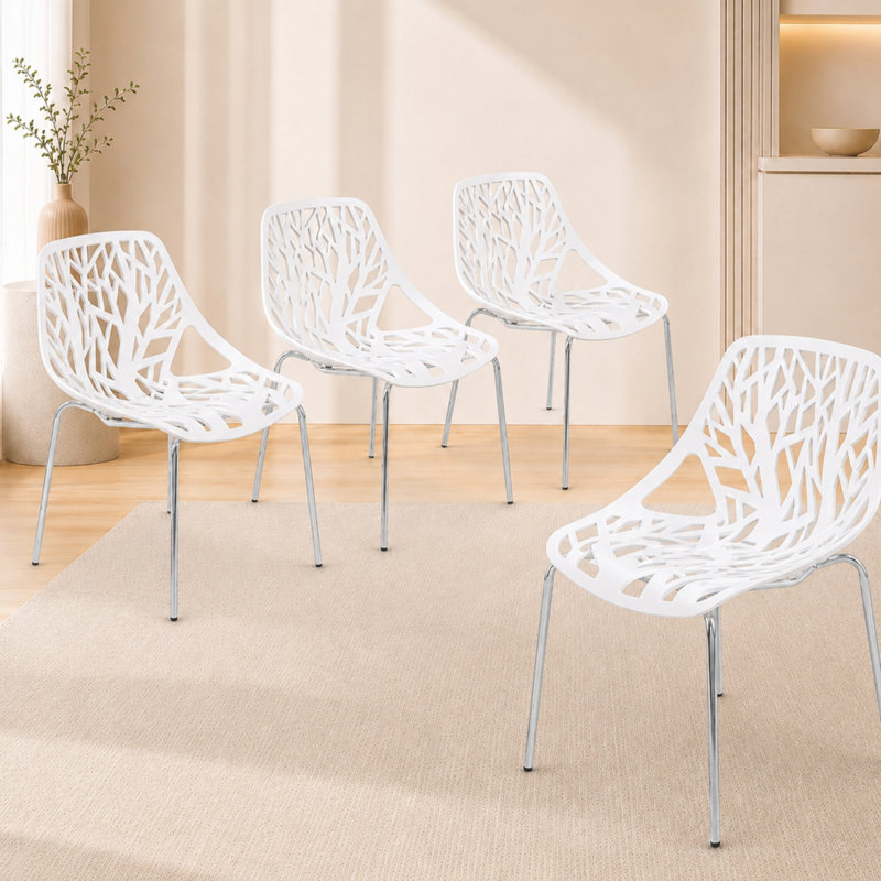 Hadda Dining Chair, Modern Polypropylene Kitchen Chair with Tree-Inspired Cutout Back, Stainless Steel Legs, Chrome Finish, Stackable Dining Room Side Chair