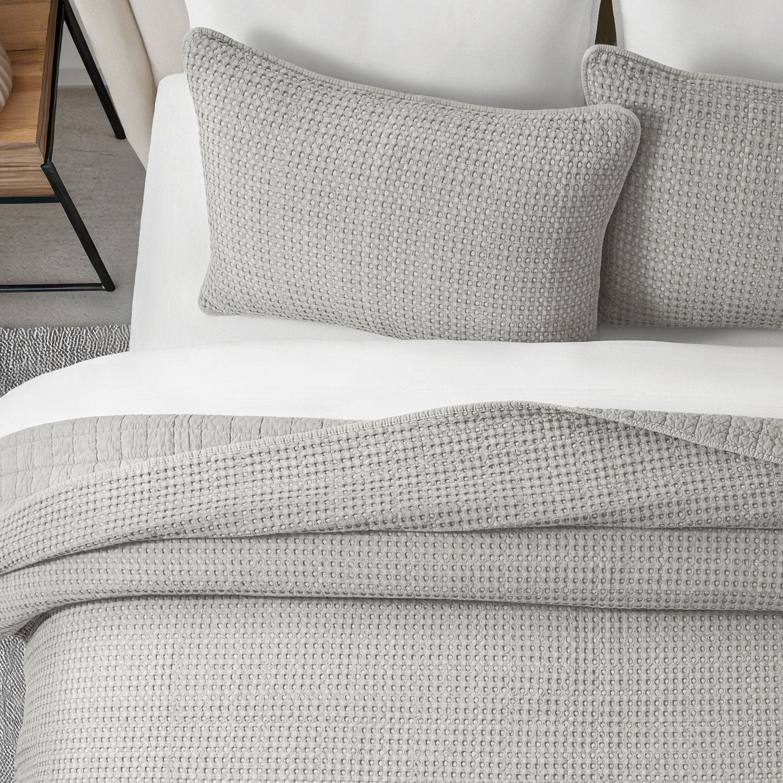 Waffle Cotton Quilt Set, Queen Quilt + 2 Standard Shams, Misty Gray
