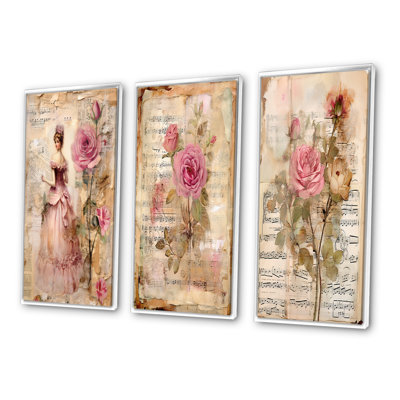 Victorian Lady Roses Wall Art, 3-Piece Print Set - Victorian Lady Pink Roses Rustic Vintage