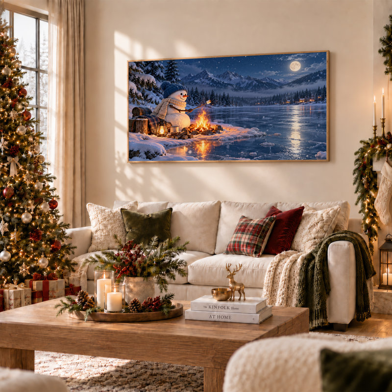 «Snowman Roast Marshmallow» par Campfire sur toile de Noël, art mural, L 58 po x H 28 po