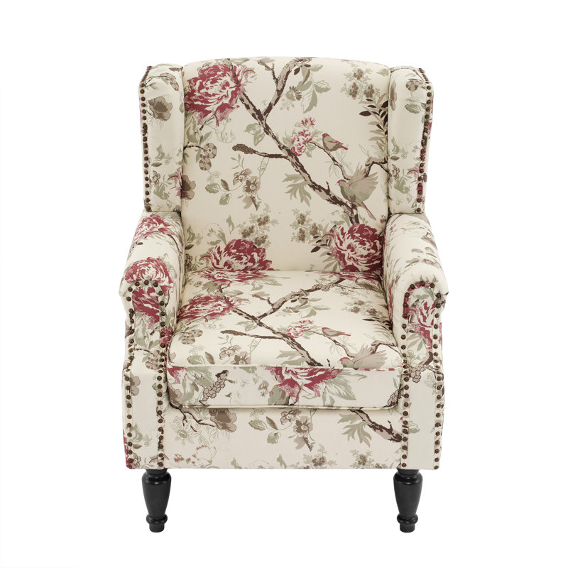 Upholstered Accent Chair, Floral Bird Beige Polyester/Walnut