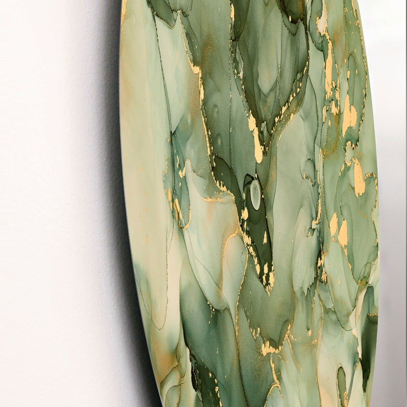 Green Luxury Abstract Fluid Art I Modern Metal Circle Wall Art, 23" H x 23" W x 1" D