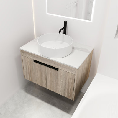 Meuble-lavabo de salle de bain avec lavabo en céramique - 30 po mural, chêne blanc, porte à fermeture en douceur, meuble-lavabo flottant à économie d'espace suffisant. Chêne monté. Lavabo. Porte. Armoires à 2 portes. Rangement spacieux. Poignée en métal. 23,4 po