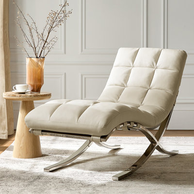 Estevan Classic Midcentury Modern Genuine Leather Chaise Lounge Chair with Channel Tufted by Wrought Studio