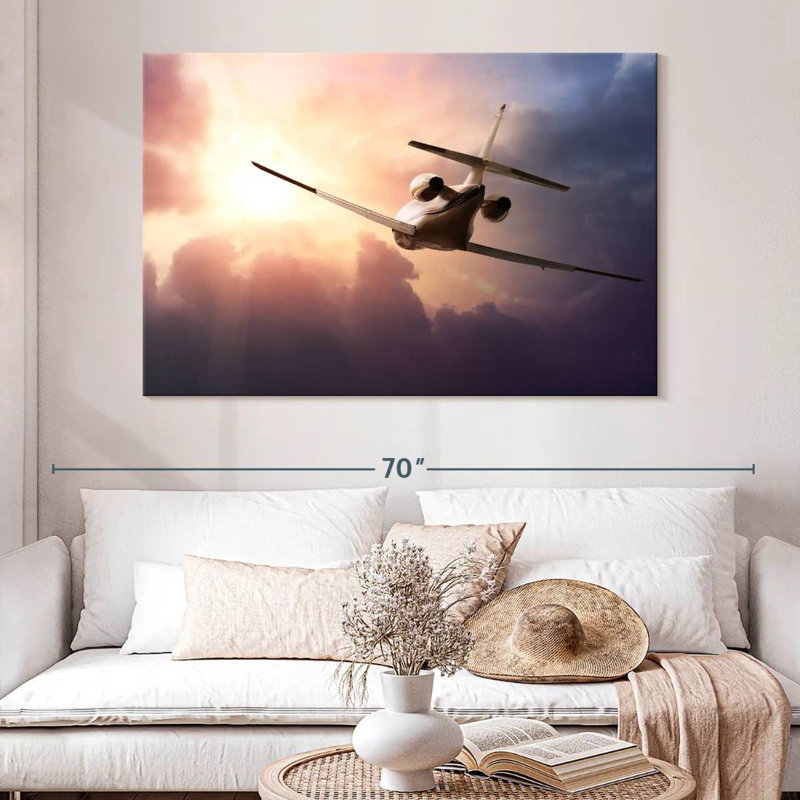 Avion Mehar au coucher du soleil, H 34 po x l 51 po