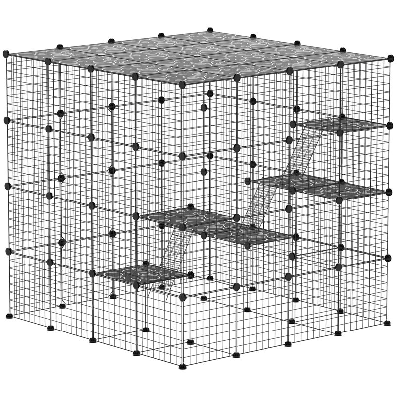 Grande cage à chat à 4 niveaux, parc pour chat 55 po avec plateformes, rampes, accessoires, aire d'exercice pour chaton en métal amovible, noir