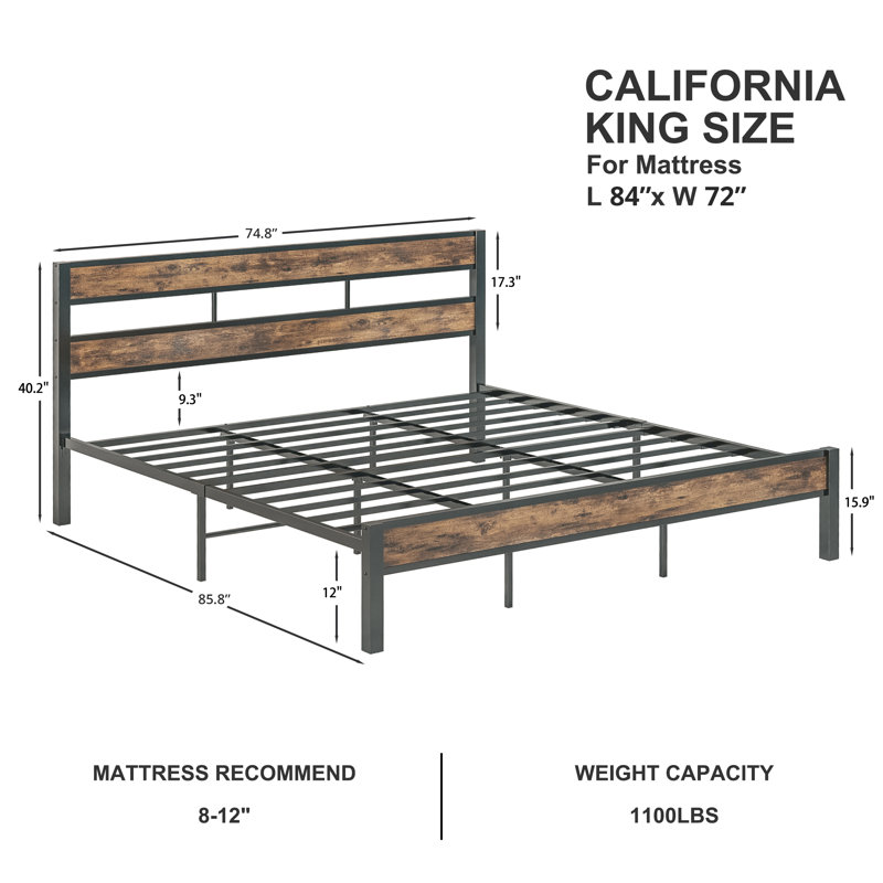 California King Bed Frame with Headboard, Modern Industrial Style with Strong Metal Support, Easy Assembly, No Spring Needed