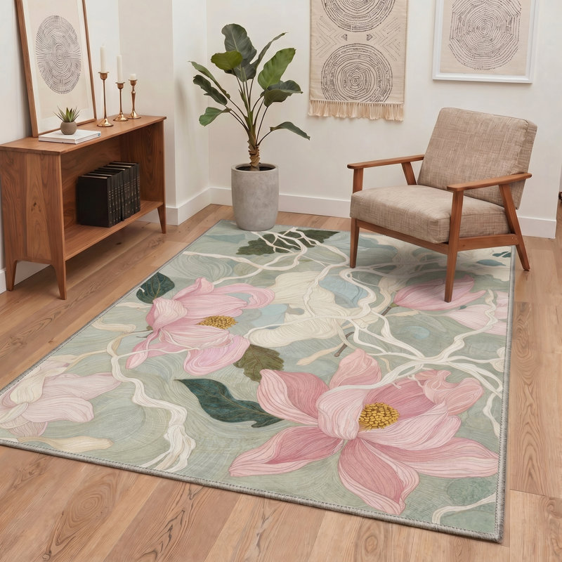 Tapis d'intérieur vert / beige / rose à motif floral lavable à la machine avec envers antidérapant Magnolia