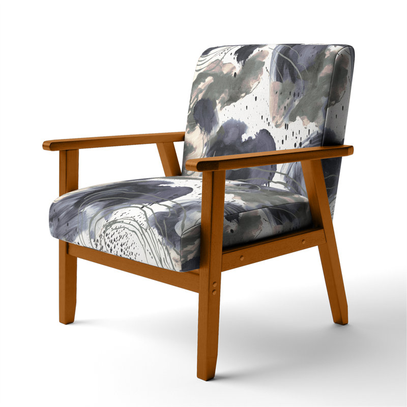 Abstract Pattern With Blue & Golden Textures II - Upholstered Modern Velvet Arm Chair, Brown, Beige/White/Navy Blue/Gray