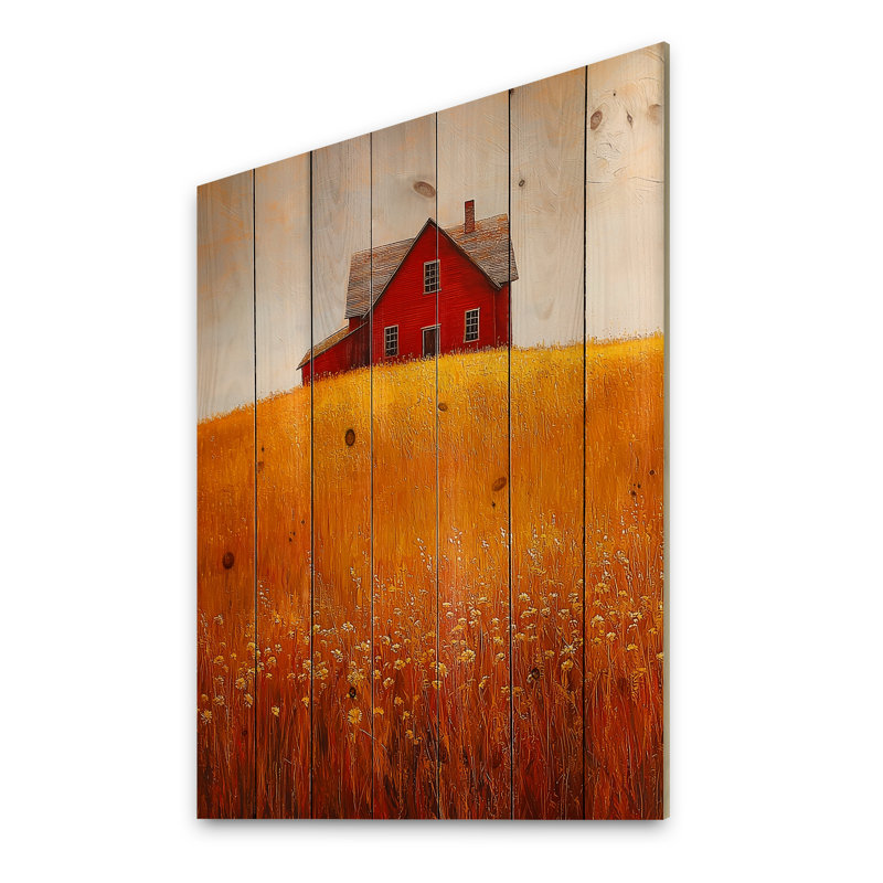 Countryside Golden Fields By The Farmhouse III - Countryside Wood Wall Art - On Natural Pine Wood, 44" H x 34" W x 0.78" D