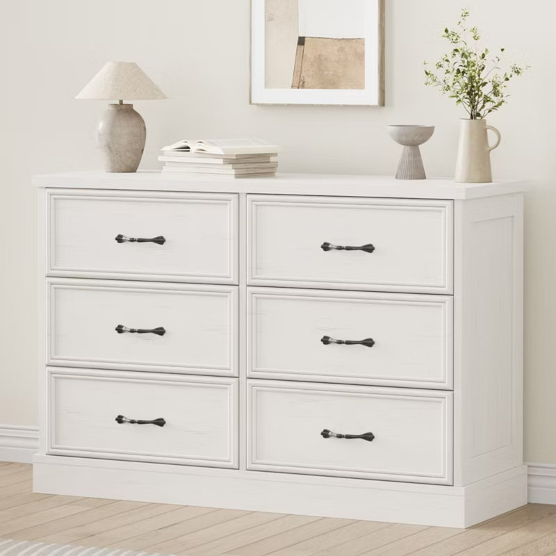 Commode 6 tiroirs Farmhouse, commode en bois de 47 po de largeur, rangement robuste, meuble télé pour chambre d'enfant, Blanc