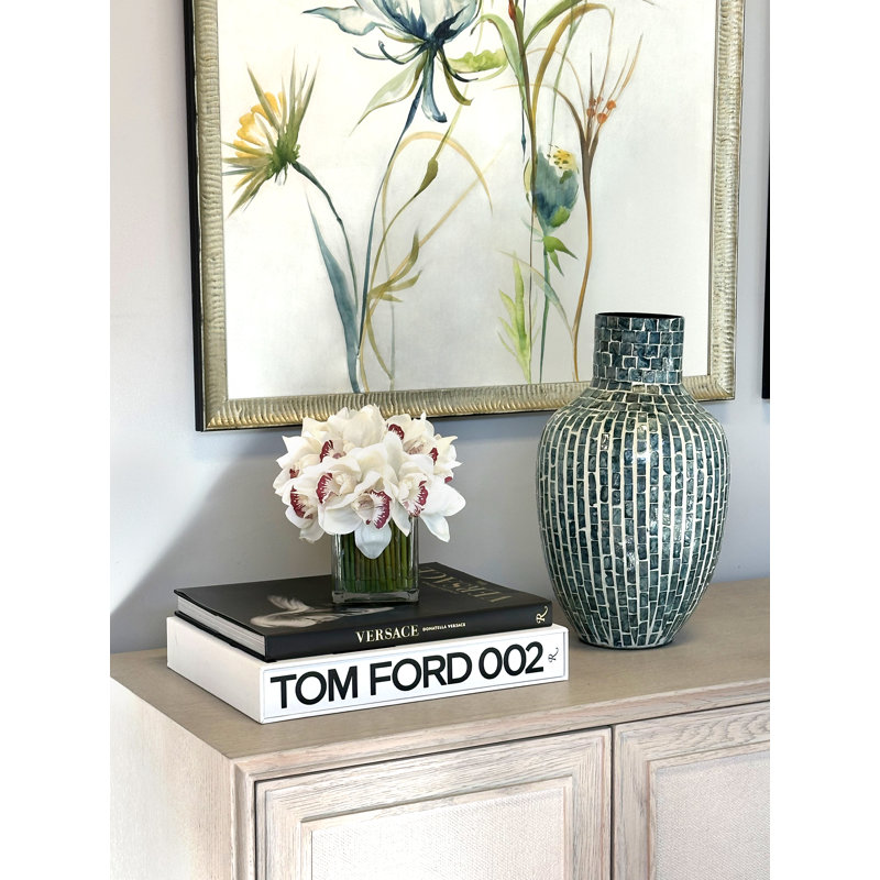 Orchid in Flat Glass Vase, Yellow/Green