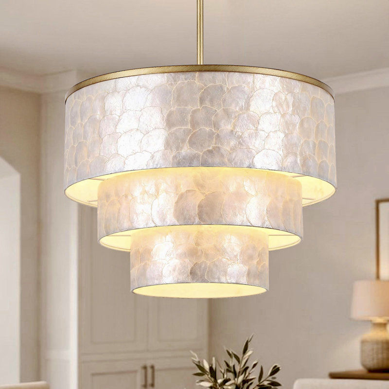 22" 5-Light Tiered Capiz Shell Drum Chandelier, H 16 po x l 22 po x P 22 po, 2 niveaux