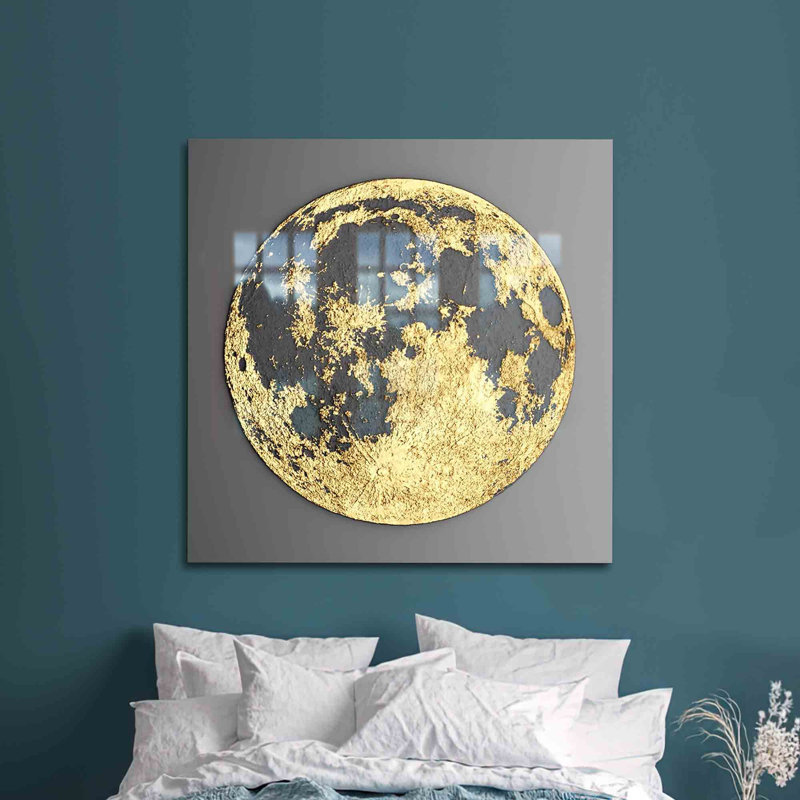 Impressionnante impression sur toile en forme de lune dorée idéale pour une décoration murale moderne avec des éléments abstraits | Carré