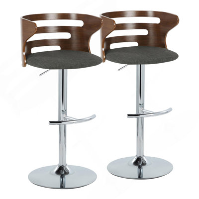 Cosi Mid-Century Modern Adjustable Barstool With Swivel In Chrome Metal, Walnut Wood And Charcoal Fabric With Rounded T Footrest By Lumisource - Set O