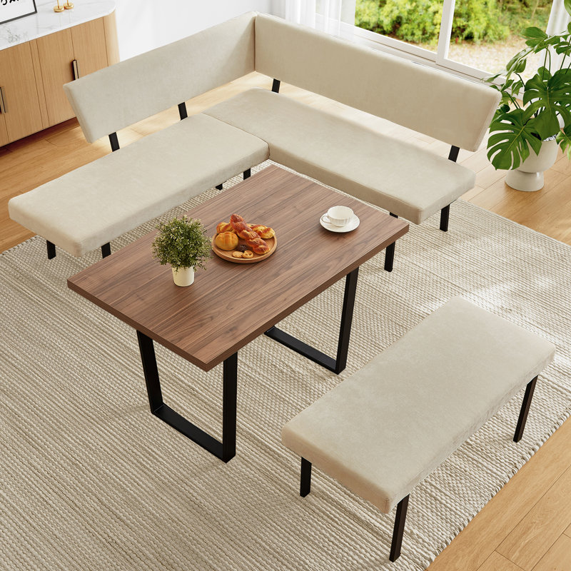 Ensemble de table de salle à manger 3 pièces Table rectangulaire, 1 canapé d'angle et 1 banc, Beige
