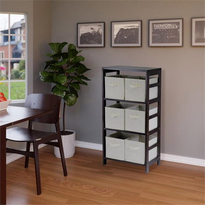 Winsome Wood 3-Section Storage Shelf With Foldable Fabric Baskets, Solid And Composite Wood Design