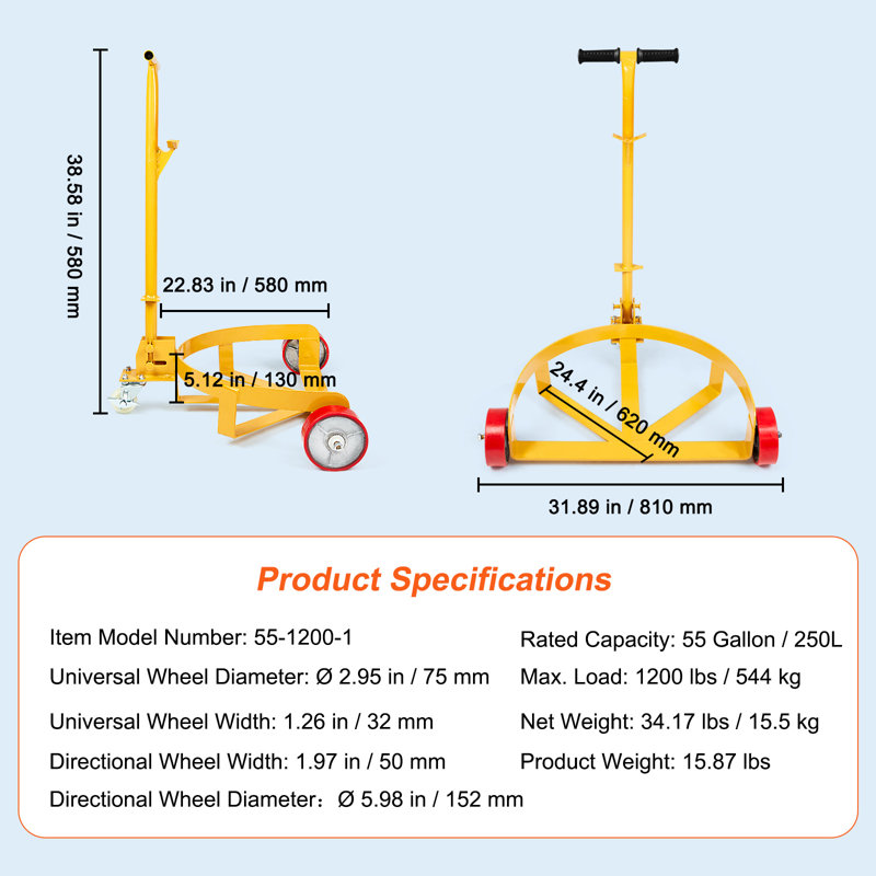 55 Gallon Drum Dolly, 1200 lbs Load Capacity, Heavy-Duty Steel Frame with Adjustable Handle 3 Wheels, Barrel Dolly Cart Drum Caddy Round Dolly Steel Low Profile