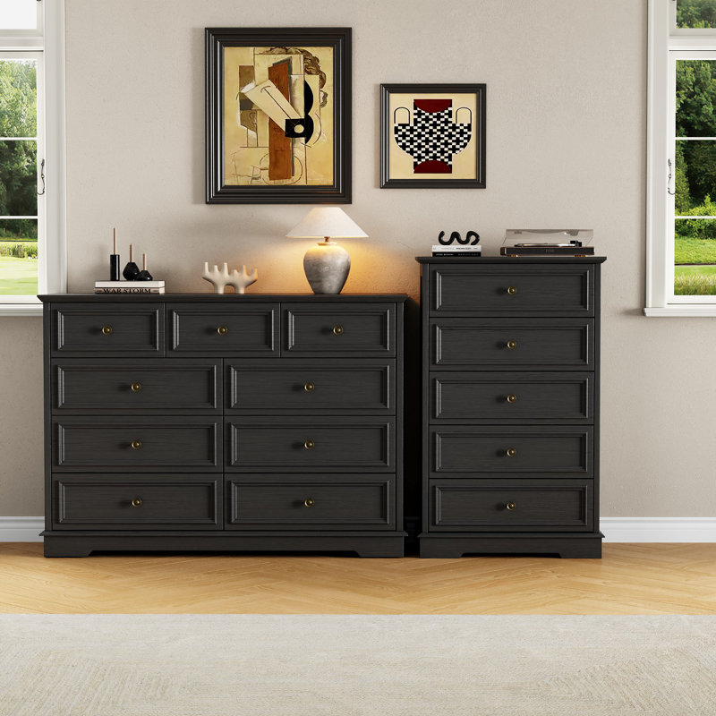 2-Piece Vintage Bedroom Set: 9-Drawer Wide Dresser & 5-Drawer Tall Chest, Wood Grain, Black