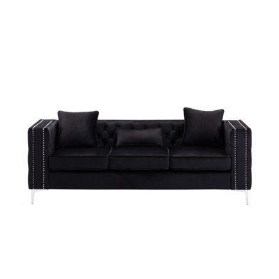 Lorreto 86"W Black Velvet Sofa