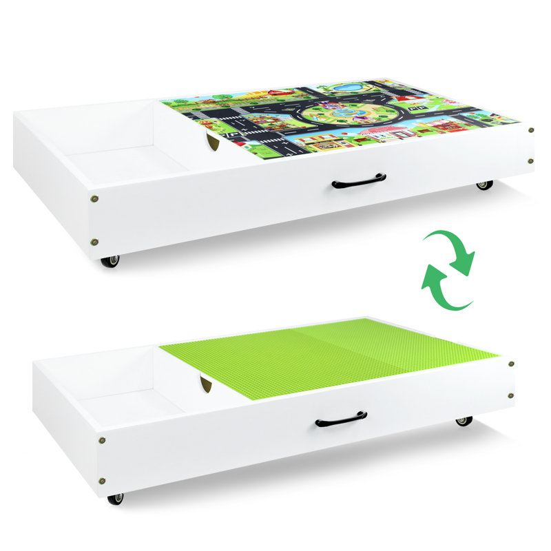2 in 1 Kid Activity Table with Large Storage, Construction Play Table Compatible with Lego Building Block, Cars and Trains, Toy Organizer Game Table Store Under Bed or Sofa for Boys Girls