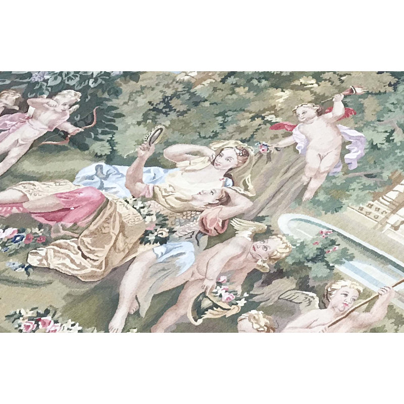 Tapis vert et beige noué à la main de haute qualité