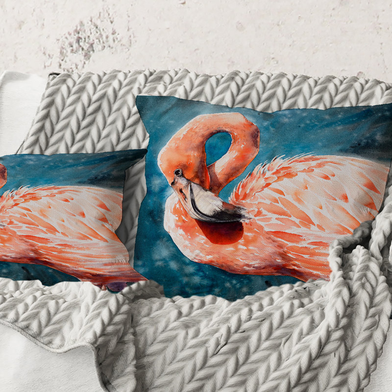 Carré, flamants roses dans l'eau bleue II - Coussin décoratif imprimé maison de campagne, 18" x 18"