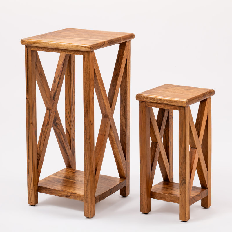 Set of 2 Solid Wood Nesting Tables Rustic Accent Side Tables with Open X-Frame Design Espresso, Natural