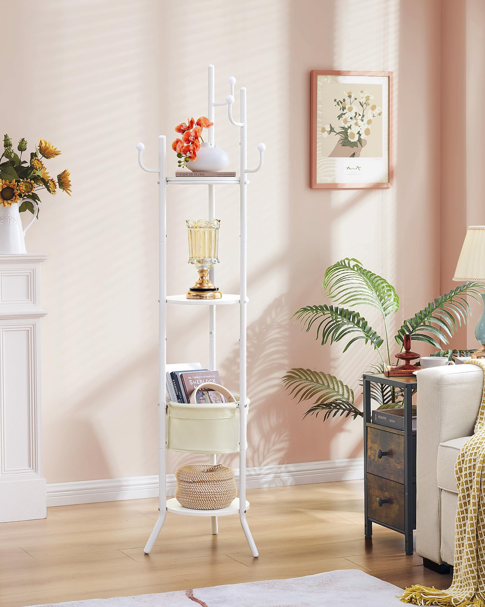 Ebern Designs Round Jacket Rack With 3 Wooden Racks And 1 Cloth Basket ...