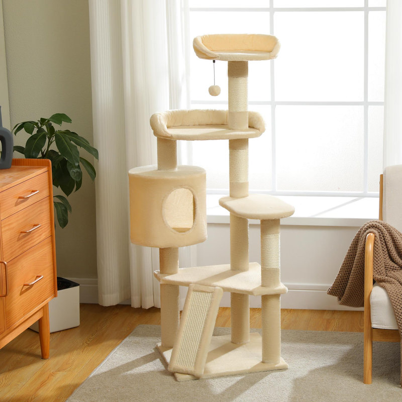 Tour pour chat à plusieurs niveaux avec appartements spacieux, aires de repos rembourrées, griffoirs et plateformes, Beige