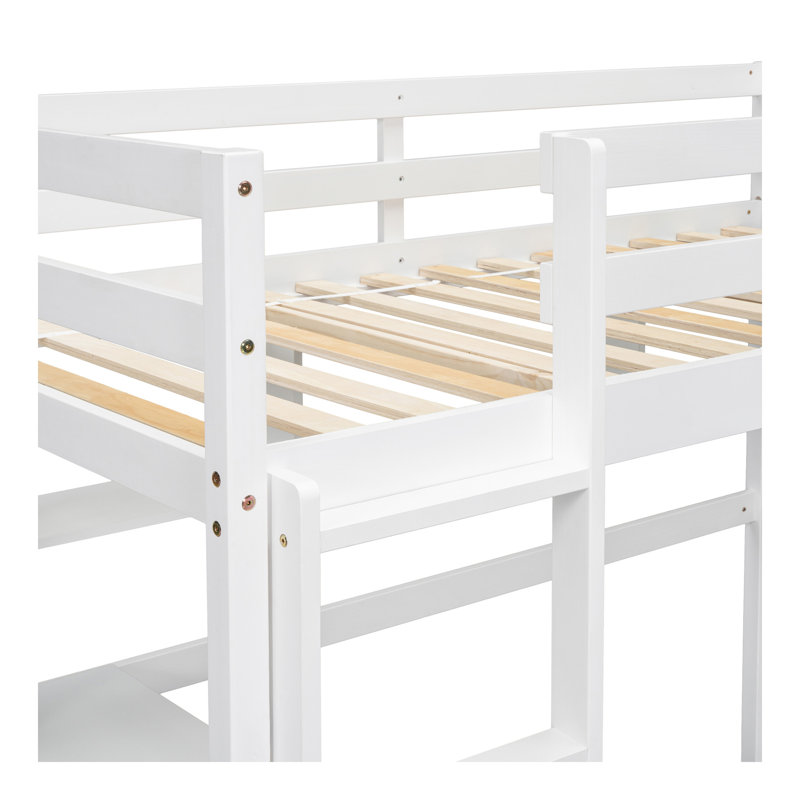 Lit mezzanine simple avec bureau et tablettes, barrière de sécurité et échelle, blanc