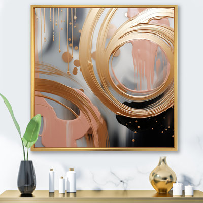 Abstrait, or et rose, encre liquide, cercles V - formes abstraites, art mural
