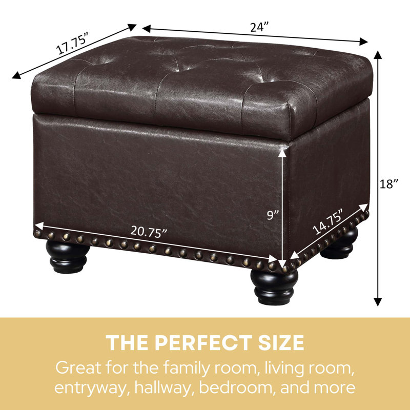 Frontenac 24" Wide Faux Leather Tufted Rectangle Storage Ottoman, Espresso Faux Leather