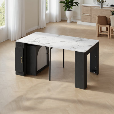 59" Mobile Rolling Dining Island Table - Extendable With 3 Leaves, Power Outlet & Storage