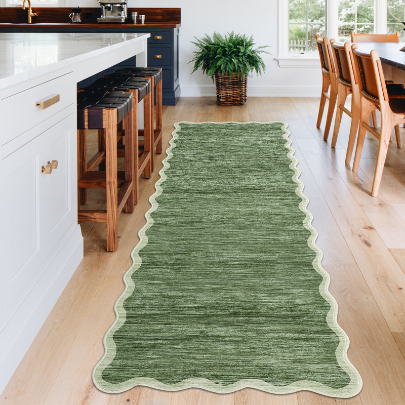 Tapis lavable 2 x 6 pi, tapis moderne antidérapant à bord festonné, vert