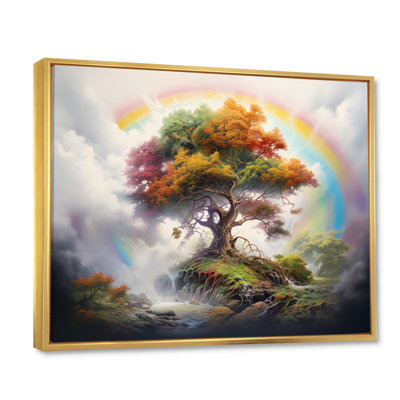 Mythique arbre majestueux avec arc-en-ciel sur toile