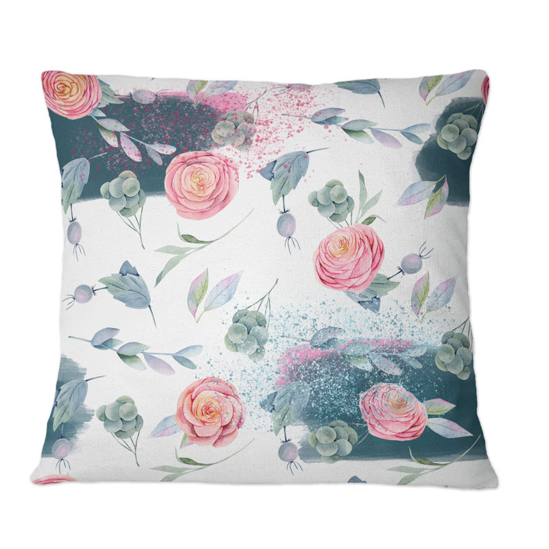 Coussin décoratif à motif de roses et de roses, de feuilles vertes et de baies, 18 po x 18 po