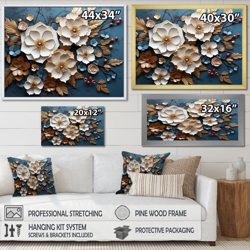 Orchidée bleue et blanche dorée de branches V - art mural floral abstrait, Cadre d'angle fermé noir