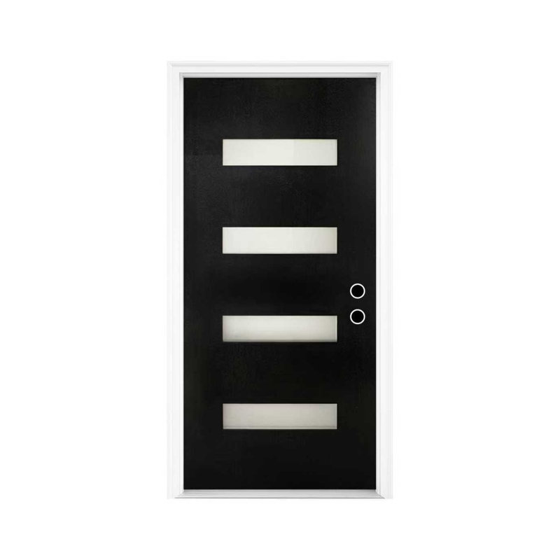 Porte d'entrée en fibre de verre noire 32 po x 80 po avec verre givré - Système d'entrée moderne et contemporain, ouverture à gauche