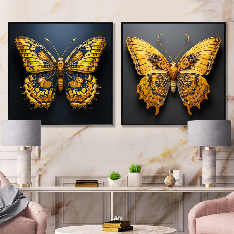 Ensemble de 2 papillons carrés citronnés - insectes et punaises, Cadre flottant noir, H 16 po x l 33 po