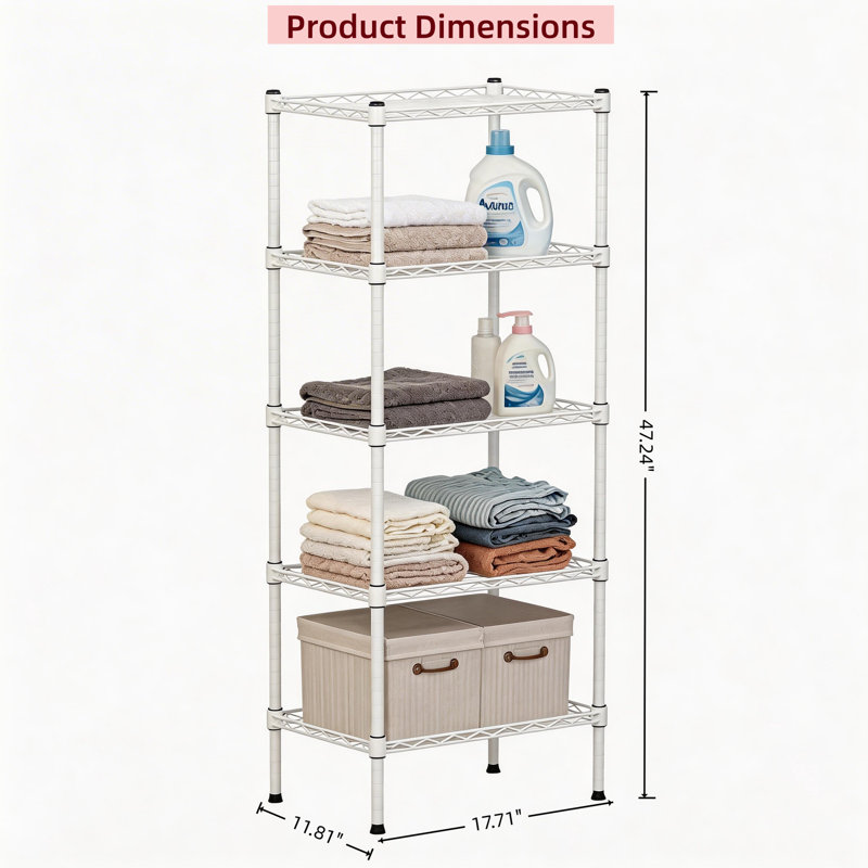 Sturdy 5 Tier Adjustable Metal Wire Shelving Unit – Heavy Duty Storage Shelves, Robust & Practical Organizer Rack For Laundry Room, Bathroom, Kitchen & Small Spaces