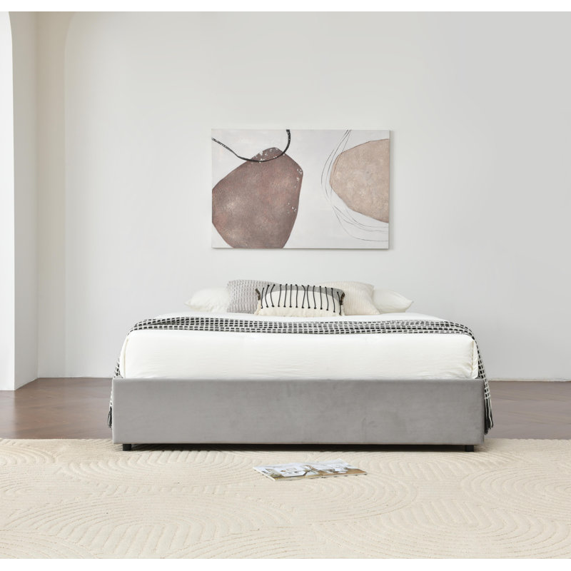 Lit plateforme tapissier avec rangement et tiroirs, Gris, Double