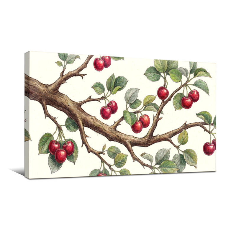 Plantes et fleurs branche de cerisier avec fruits rouges et feuilles vertes, H 16 po x l 32 po