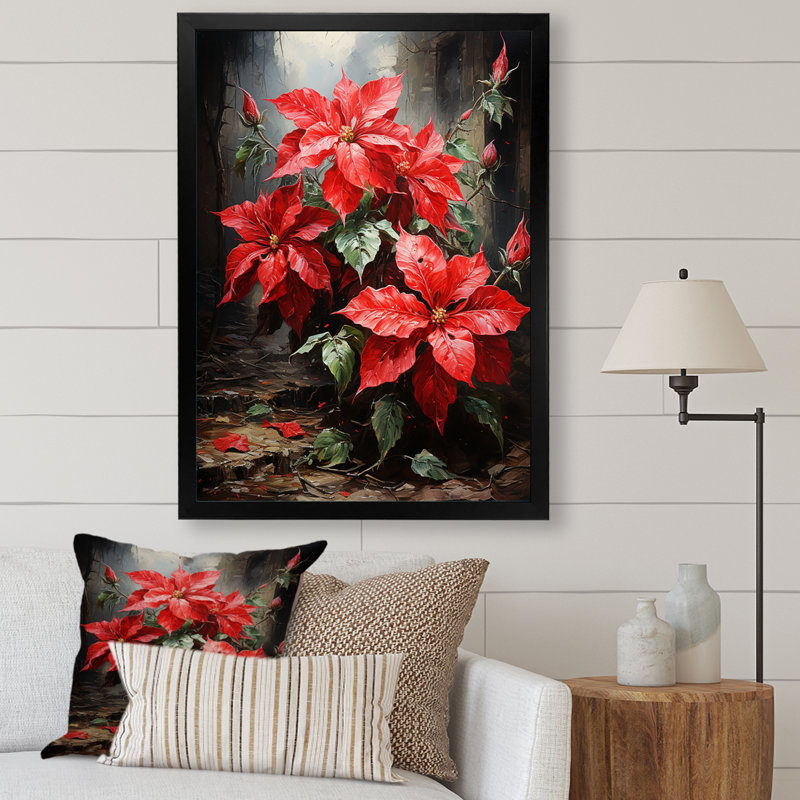 «Red Poinsettias Holiday Velvet Patchwork II» - reproduction d'art sur toile florale et botanique, H 32 po x l 16 po x P 1 po