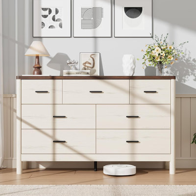 Commode 7 tiroirs, commode de rangement en bois, organisateur de rangement autoportant avec pieds cylindriques, poignées en métal et anti-basculement, pour chambre à coucher, salon, couloir - blanc + brun