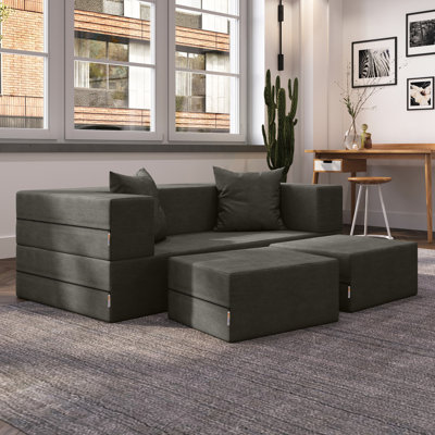 Shontae Zipline Convertible Compression Sleeper Loveseat, Ottomans & Pillows, Textured Microvelvet