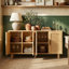140cm 4-Door Faux Rattan Sideboard with Adjustable Shelves, Japandi PVC Woven Storage Cabinet with Metal Handles, Oak / Black-378395030