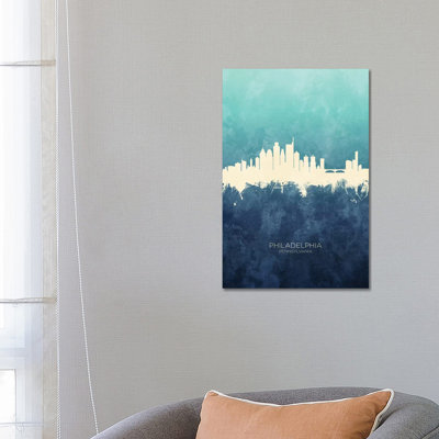 Philadelphia Skyline Navy Cyan by Michael Tompsett - Wrapped Canvas Painting