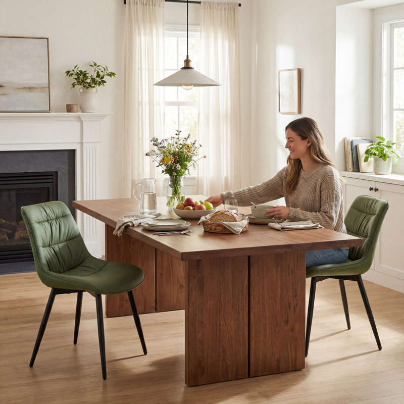 Emsley Faux Leather Upholstered Dining Chair Armless Side Chair with Metal Legs, Bean Green