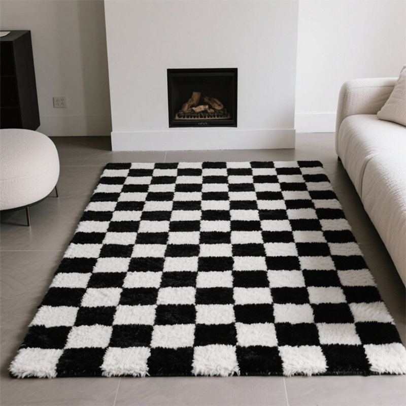 Modern Black and White Checkered Shag Rug, Soft Plush Carpet for Living Room, Bedroom and Dorm, Rectangle 6' x 9'